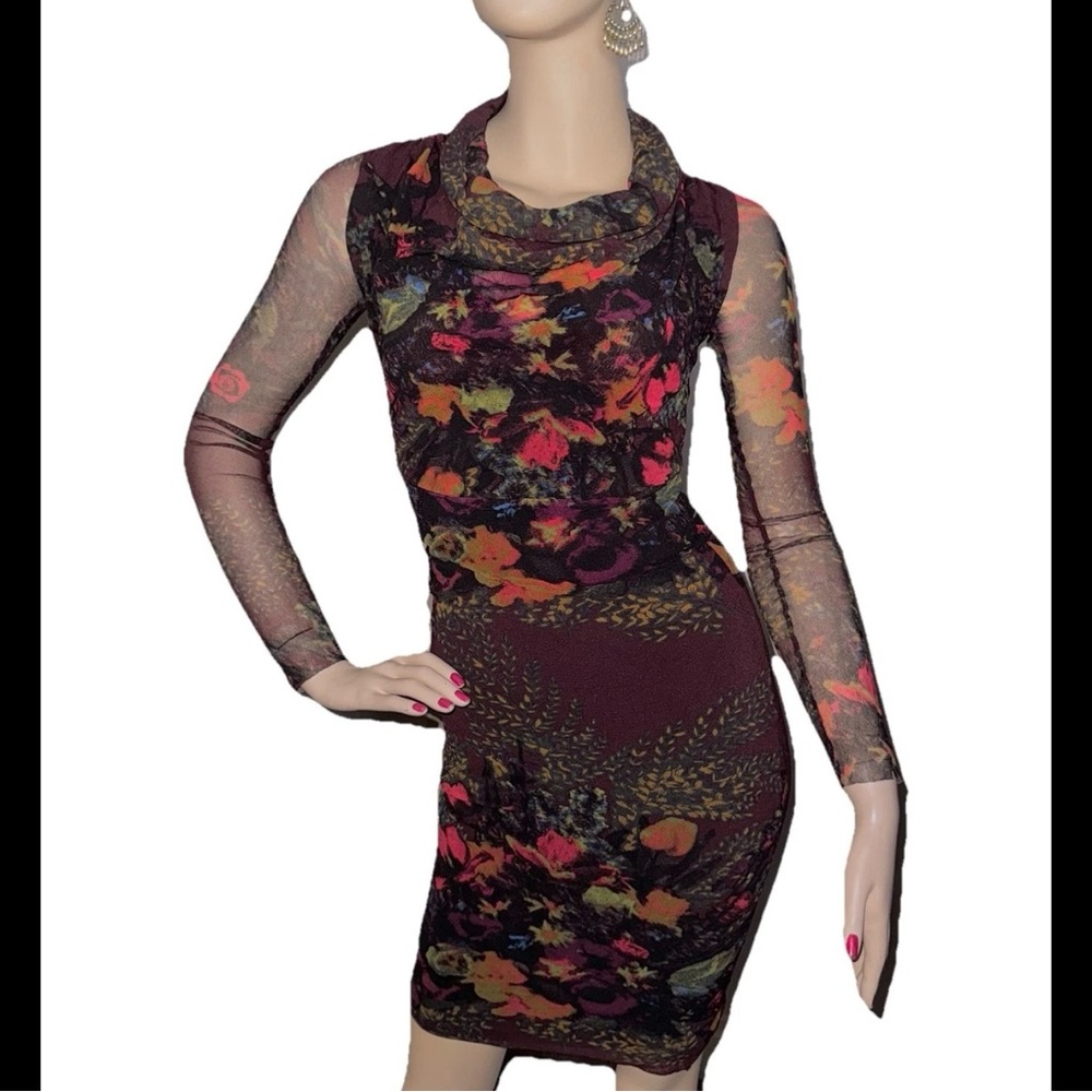 Jean Paul Gaultier Soleil Long sleeve floral cowl neck mesh dress bodycon XS